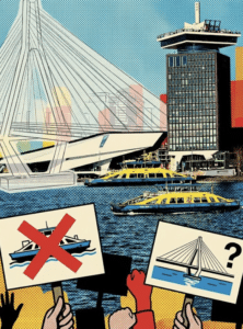 A pop-art style illustration of protesters in Amsterdam holding signs about a proposed bridge versus ferries, with the Eye Film Museum and A'DAM Tower in the background.