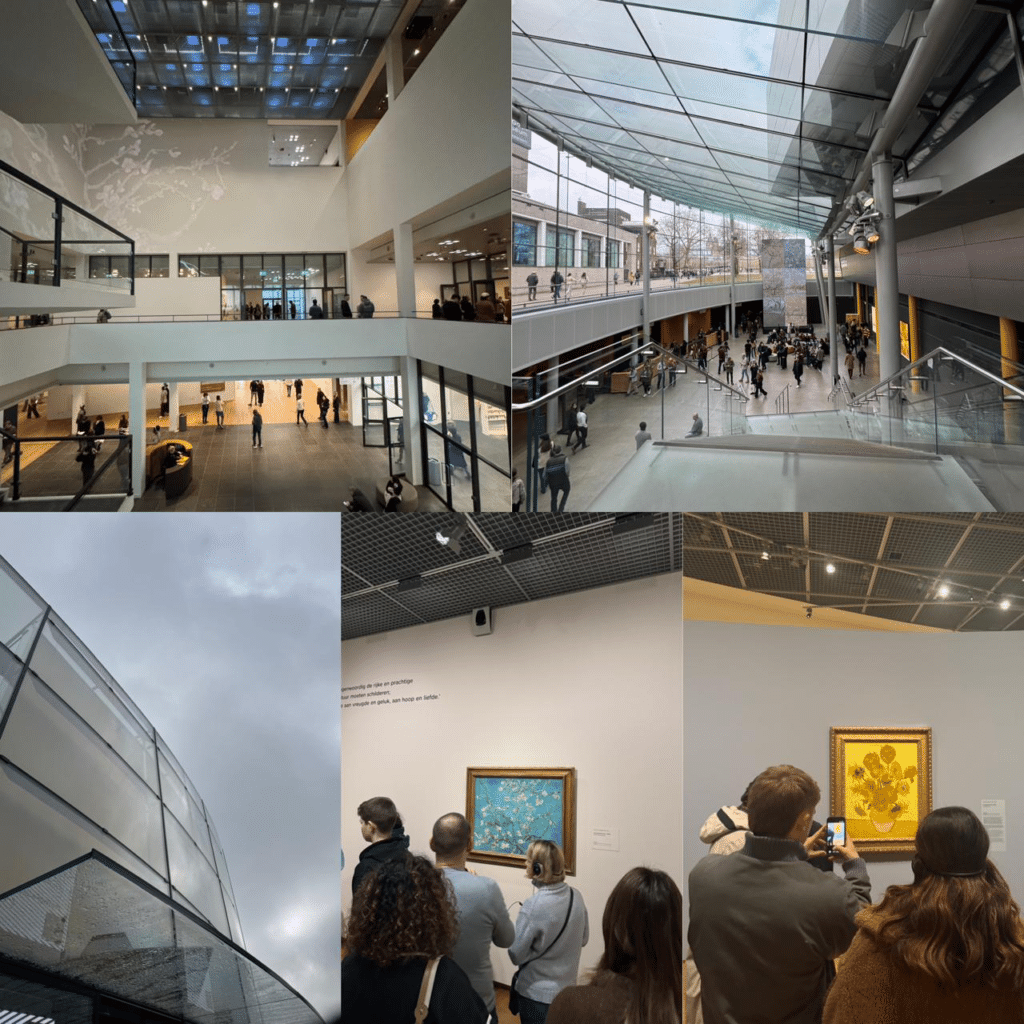 A photo collage of the Van Gogh Museum in Amsterdam, showing the modern glass entrance architecture, spacious interior atriums, and crowds of visitors admiring famous paintings like Sunflowers.