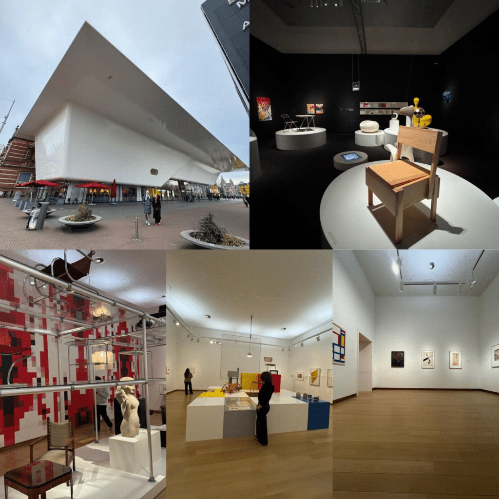 A photo collage of the Stedelijk Museum in Amsterdam, featuring its futuristic white exterior canopy and several interior gallery spaces showcasing modern furniture design and geometric De Stijl art.