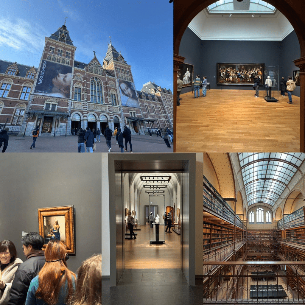 A photo collage of the Rijksmuseum in Amsterdam, featuring its historic brick exterior, the multi-level Cuypers Library, and gallery interiors with visitors admiring classic Dutch art, including Vermeer's The Milkmaid.