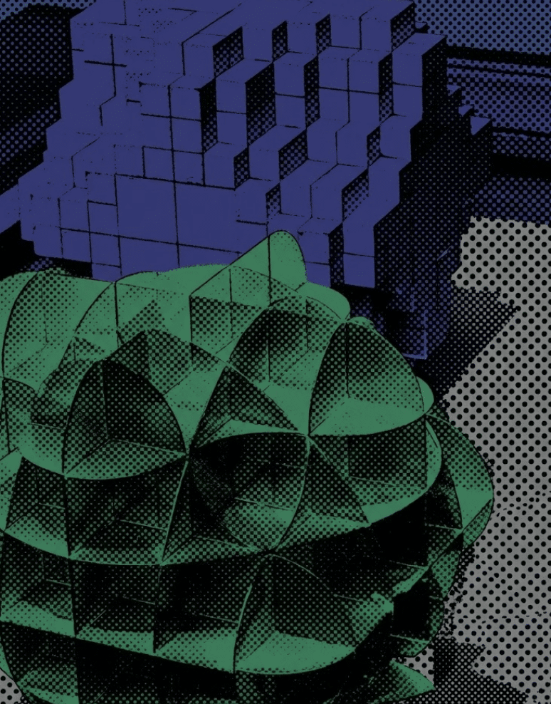 A stylized halftone illustration of two geometric architectural models, featuring a complex green parametric dome in the foreground and a blocky, blue stepped structure in the background.
