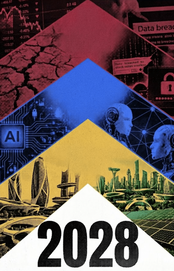 A stylized halftone collage predicting trends for 2028, showing upward-pointing colored sections featuring global crises in red, AI technology in blue, and futuristic sustainable cities in yellow.