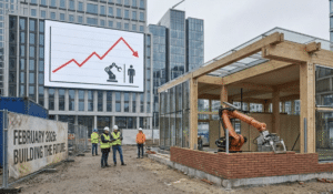 A construction site where an orange robotic arm is building a brick wall, while human workers observe, and a background billboard shows a downward graph alongside robot and human icons.