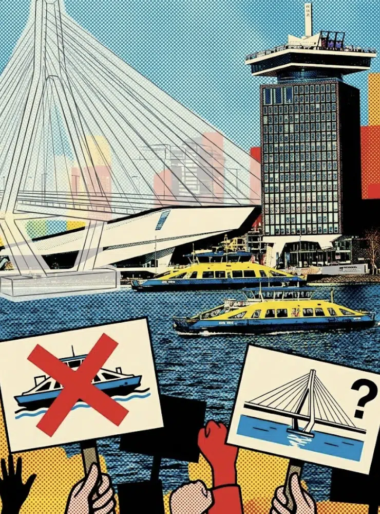 A pop-art style illustration of protesters in Amsterdam holding signs about a proposed bridge versus ferries, with the Eye Film Museum and A'DAM Tower in the background.