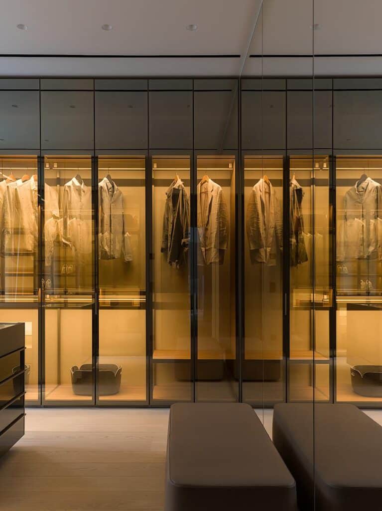 Master suite walk-in closet featuring Poliform Senzafine wardrobes, wardrobe island, and Poliform New York pouf