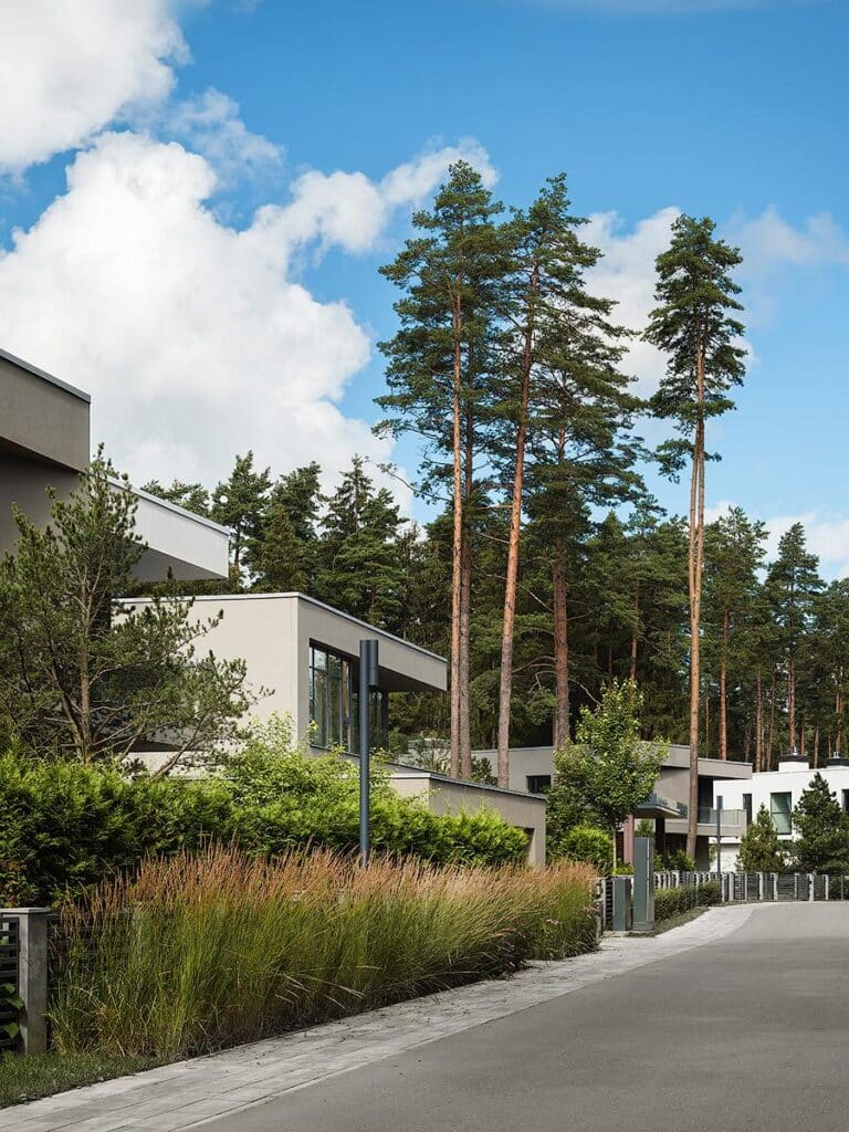 Maslovo Park residential development overview showing contemporary two-storey houses integrated into a wooded landscape