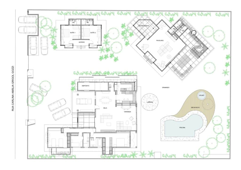 Detailed architectural floor plan of the residential expansion including the pool, garden, and pavilion layouts.
