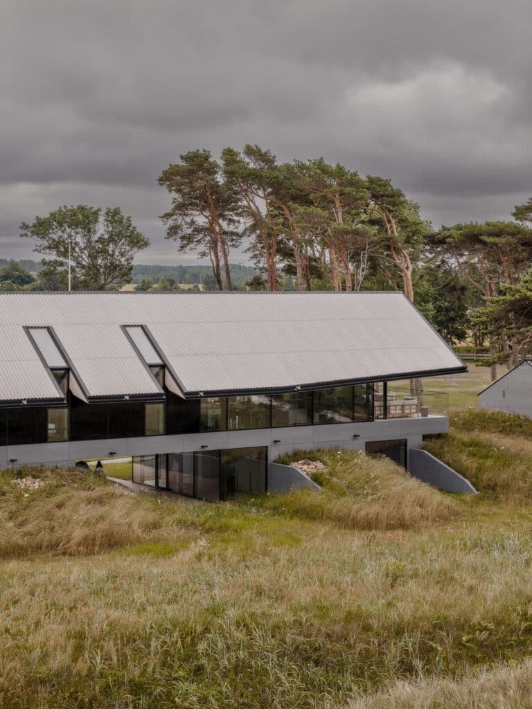 Side view of a modern house integrated into grassy dunes with large glass facades and a grey fiber cement roof under a cloudy sky.
