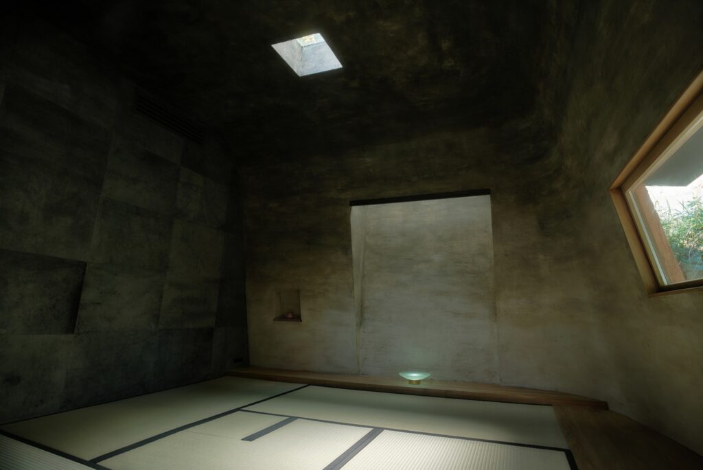 Traditional Japanese guest room at Haniyasu House featuring tatami mats, mud-plastered walls mixed with bamboo charcoal, and a skylight.