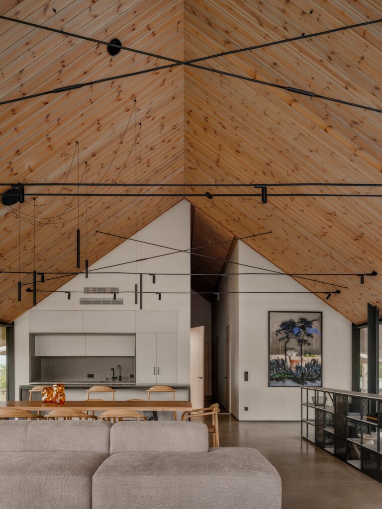 Interior of a modern living room with high vaulted wooden ceilings, minimalist furniture, and architectural lighting fixtures.