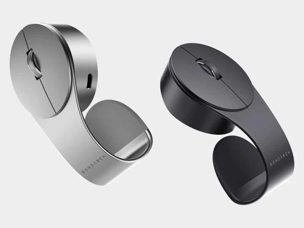 Two Bondclip mice in silver and black, showcasing the branding and the internal curve of the clip.