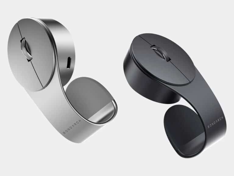 Two Bondclip mice in silver and black, showcasing the branding and the internal curve of the clip.