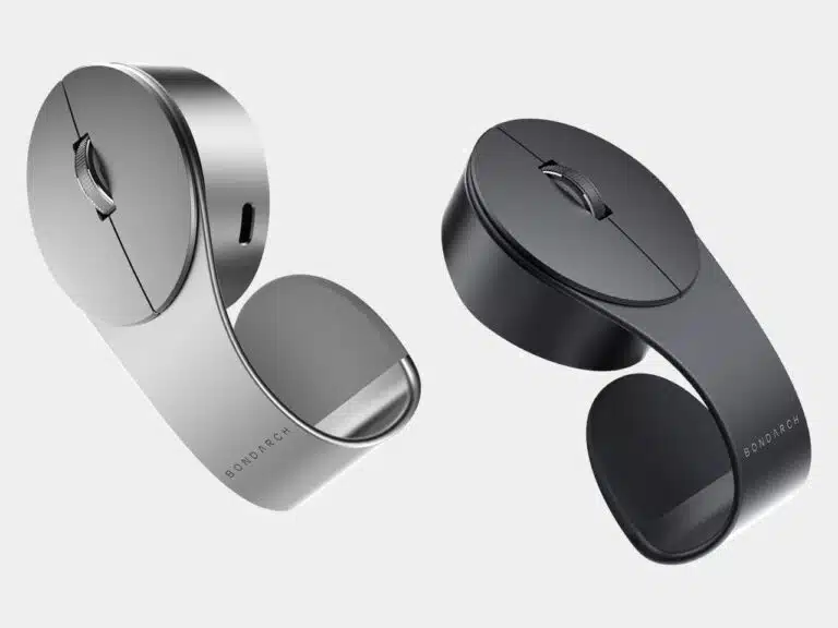 Two Bondclip mice in silver and black, showcasing the branding and the internal curve of the clip.