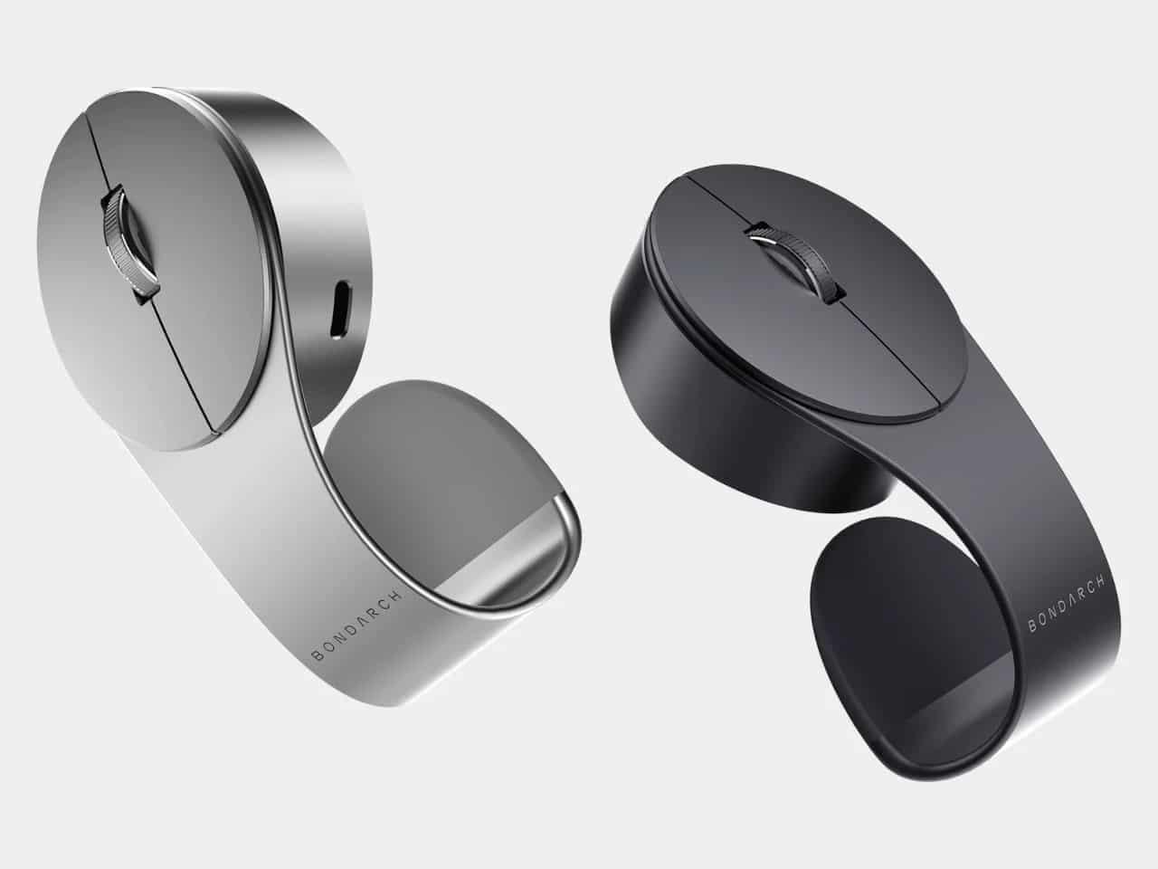 Two Bondclip mice in silver and black, showcasing the branding and the internal curve of the clip.