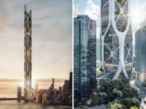 A split-screen architectural visualization showing the full height of the slender Eden Rise tower against a city skyline (left) and a detailed street-level view of its organic white diagrid base with integrated greenery (right).