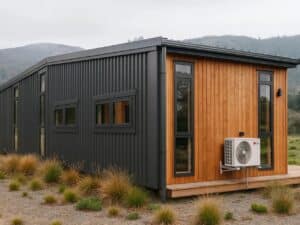 Exterior view of Natural Luxe tiny house featuring black corrugated metal cladding and warm wood paneling.