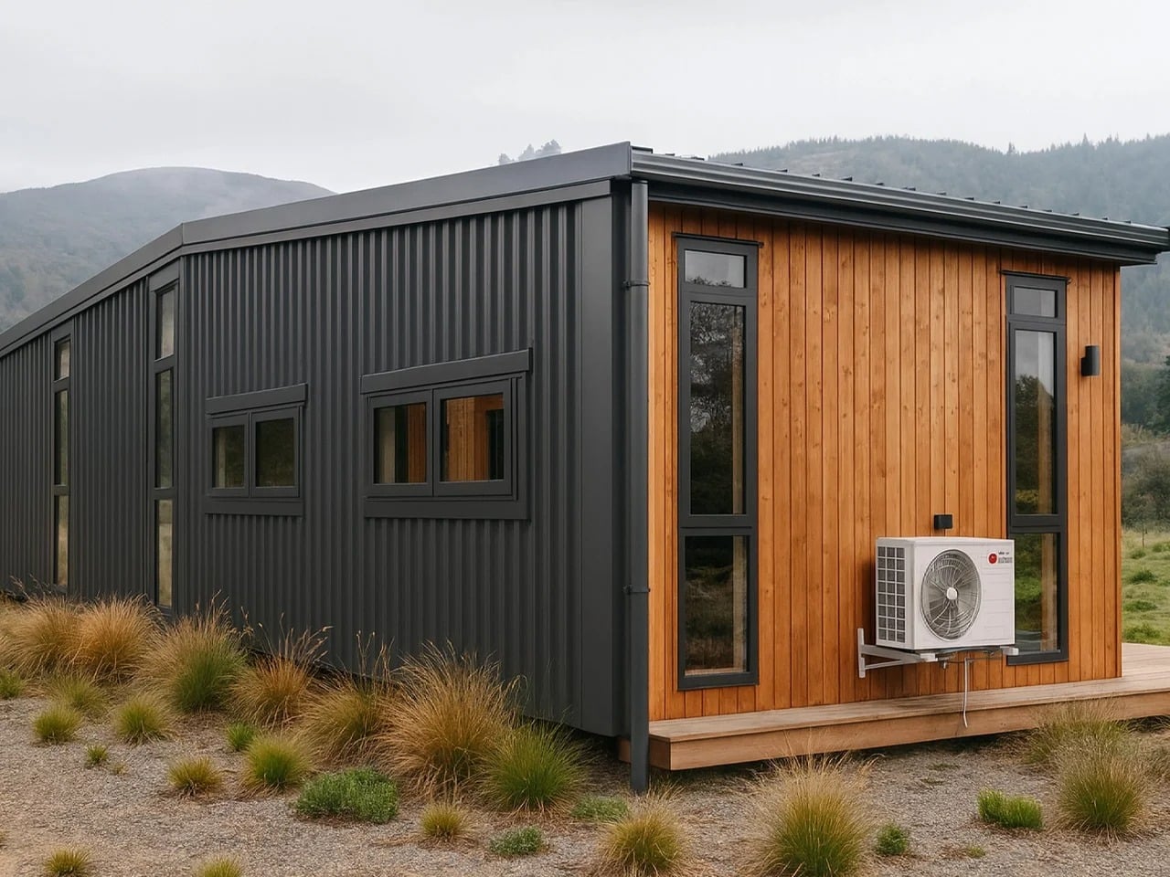 Exterior view of Natural Luxe tiny house featuring black corrugated metal cladding and warm wood paneling.