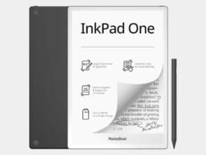 Front view of PocketBook InkPad One e-reader showing a 10.3-inch E Ink screen with a digital pen and key features like month-long battery life and 25 supported formats.