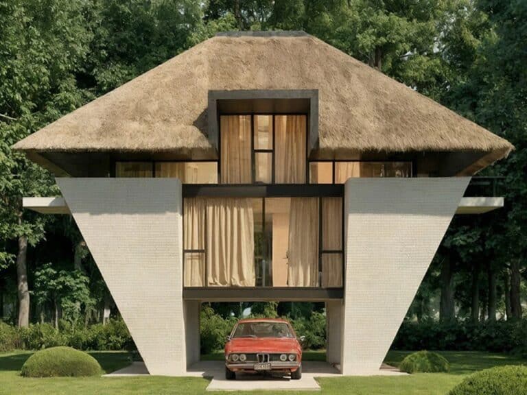 Front view of Sarchina Villa featuring a traditional thatched roof and modern white brick pillars elevated over a vintage red car.