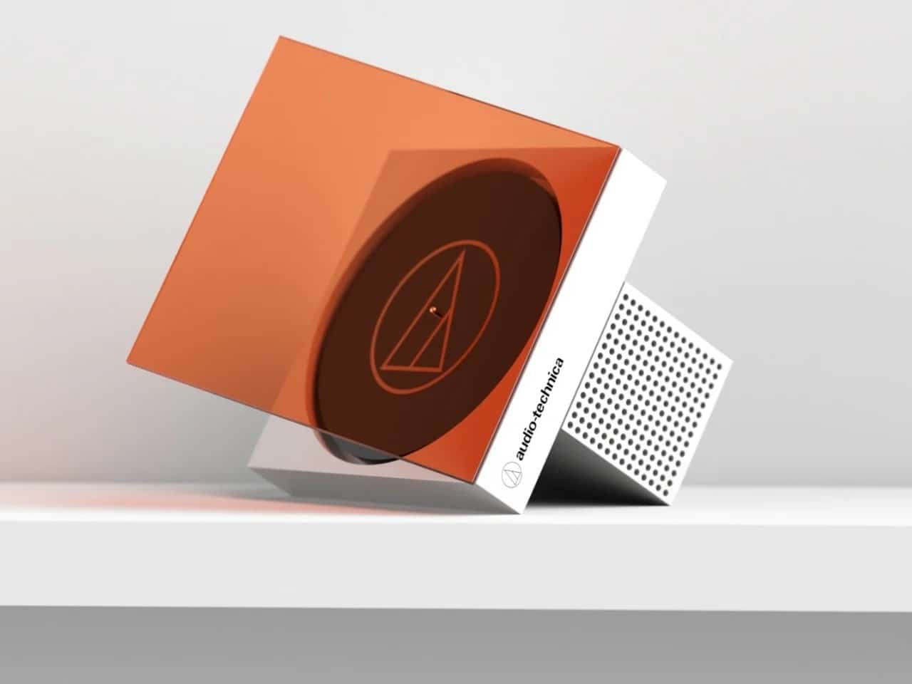 A modern Audio-Technica vinyl record player concept with a minimalist white body and a transparent orange acrylic cover, showcasing geometric design.