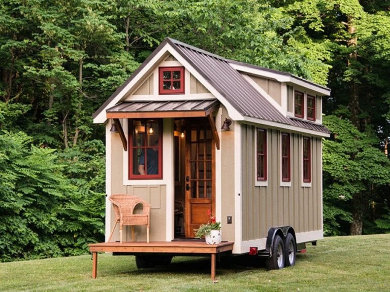 Exterior front view of the Ynez tiny house on wheels, featuring a small wooden porch, tan siding with white trim, and a dark metal gabled roof.