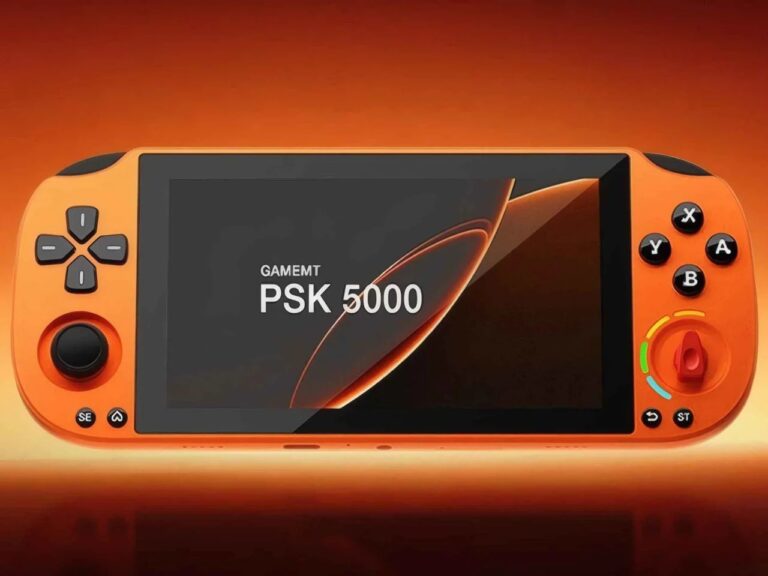 Front view of the GameMT Pocket Super Knob 5000 orange handheld console featuring a large screen and a red physical control knob.