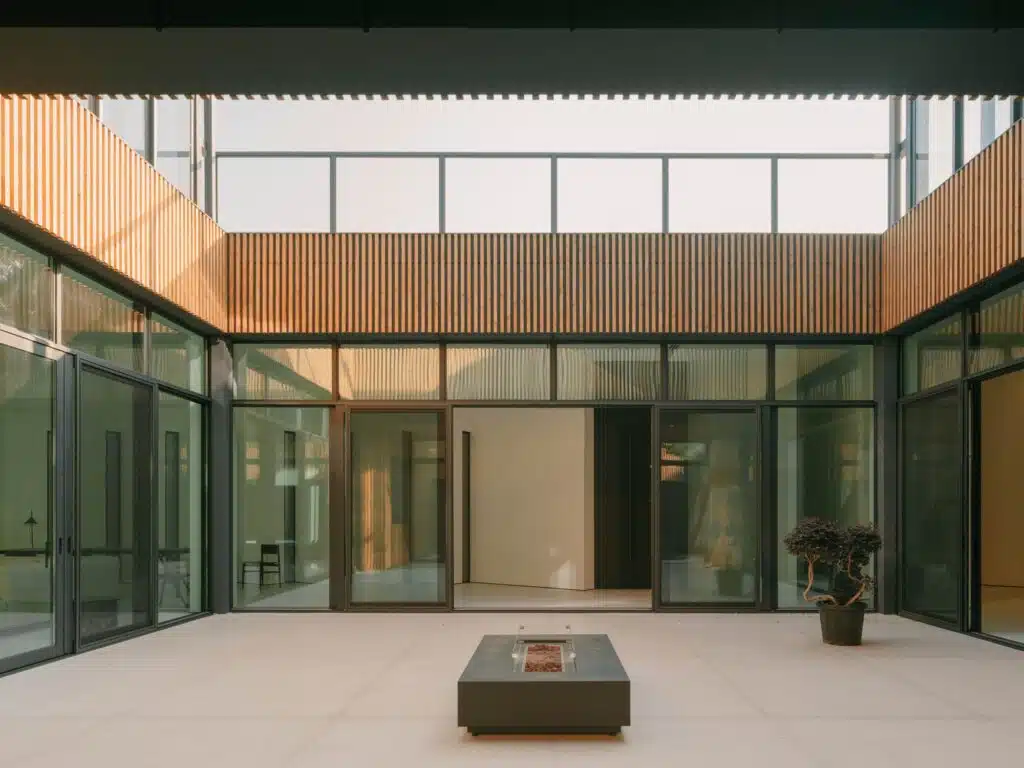 Spacious central courtyard of the Okrokana residence with glass walls and vertical wooden slat cladding.