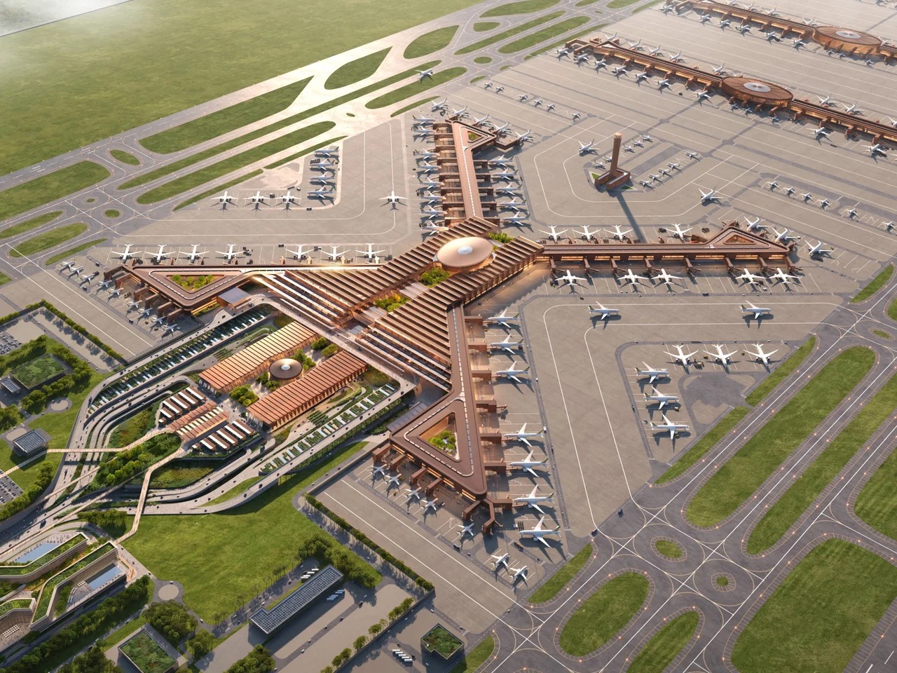 Aerial view of the Bishoftu International Airport master plan showing the cross-shaped terminal design, aircraft runways, and integrated green spaces.