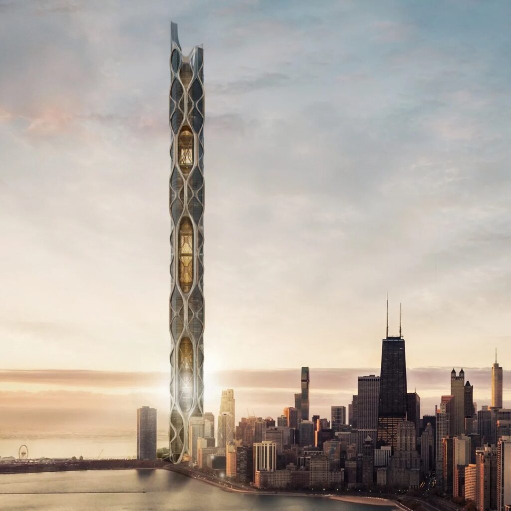 A wide-angle sunset view of the Eden Rise skyscraper, a slender organic-shaped tower integrated into a modern city skyline by the waterfront.