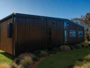 Modern tiny house exterior featuring black corrugated metal cladding, natural wood accents, and minimalist landscaping.