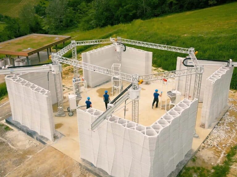 Aerial view of the sustainable 3D-printed farm project in Northern Italy, showing robotic arms on a hexagonal structure building dual-dome walls.