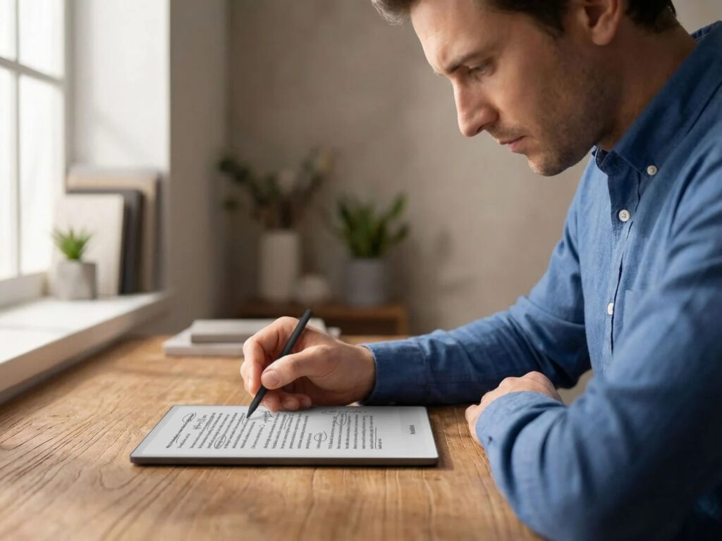 A man using a digital pen to annotate a research paper on a PocketBook InkPad One e-reader placed on a wooden desk.