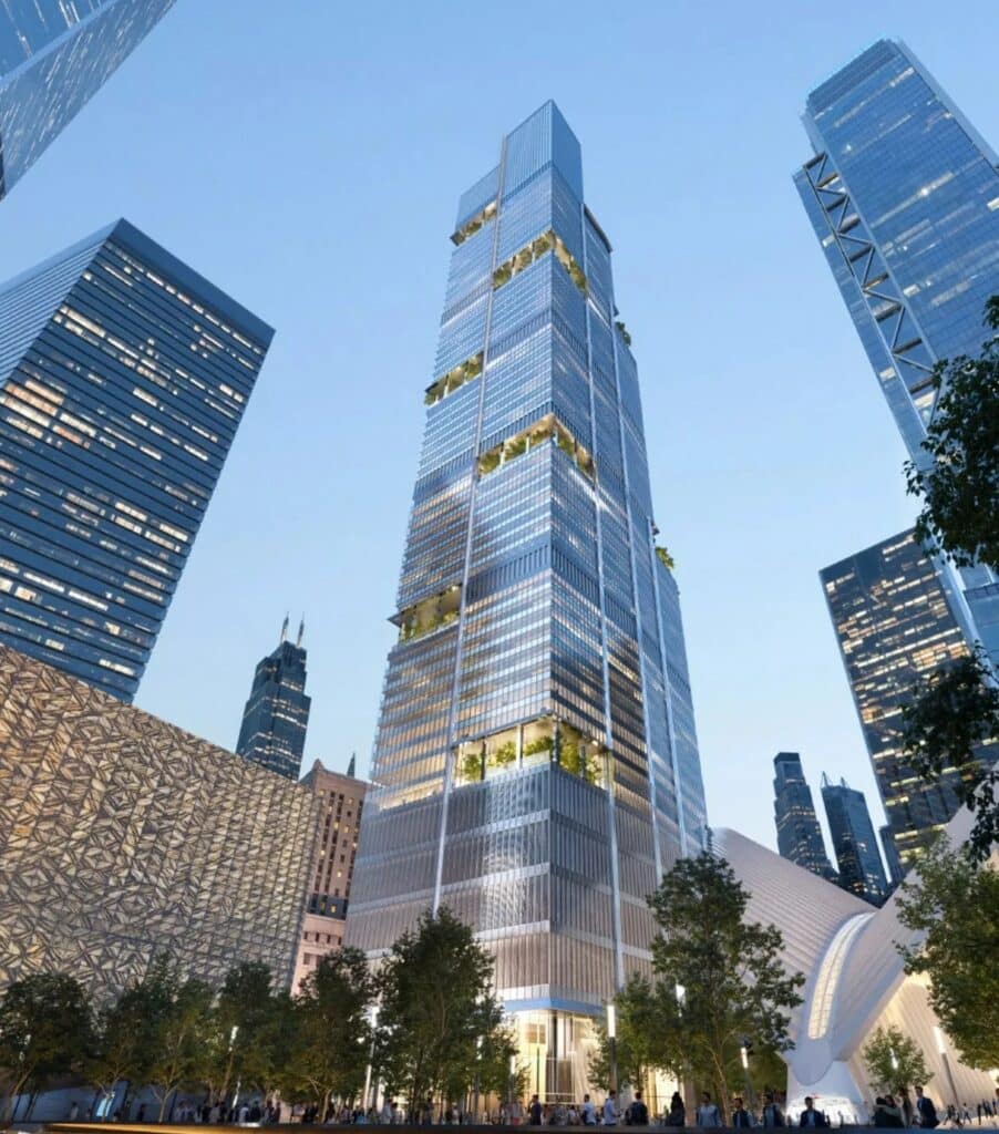 Street-level architectural rendering of 2 World Trade Center in Manhattan, showing the tower's base and surrounding urban landscape.