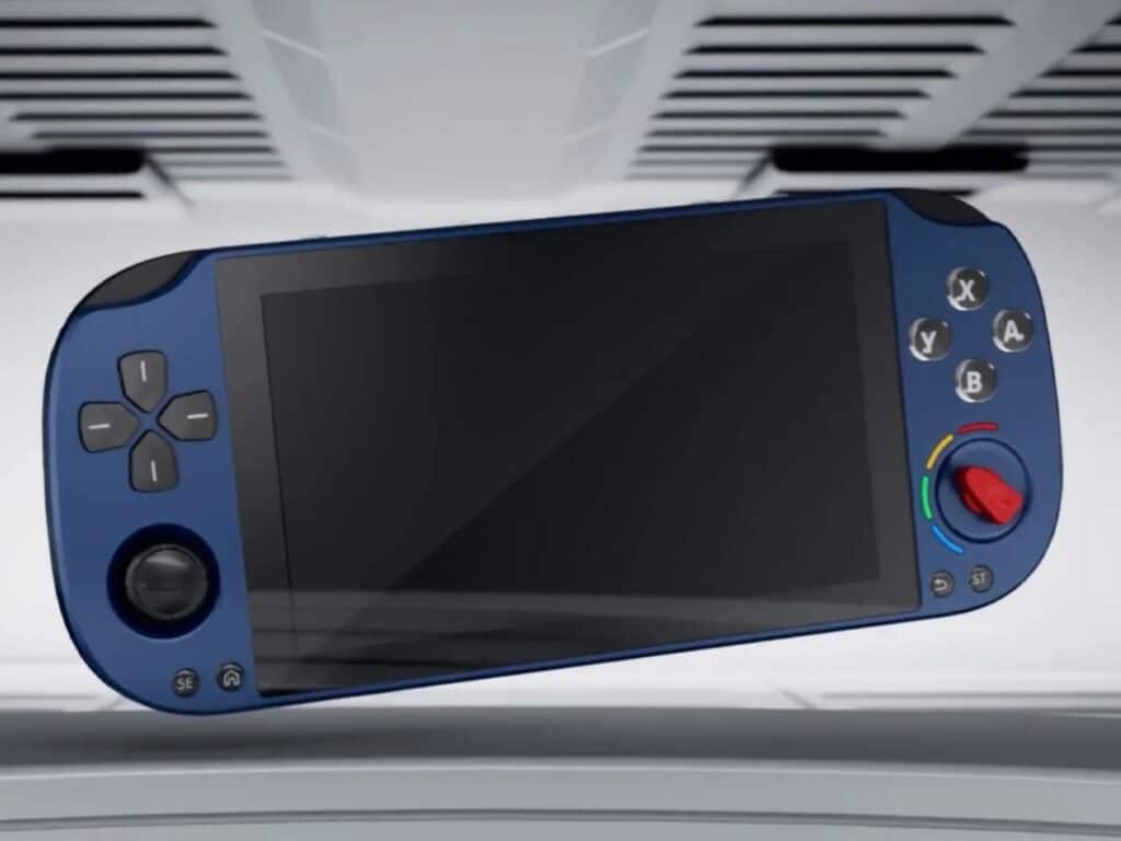 Blue edition of the GameMT Pocket Super Knob 5000 handheld gaming device floating in a studio setting.