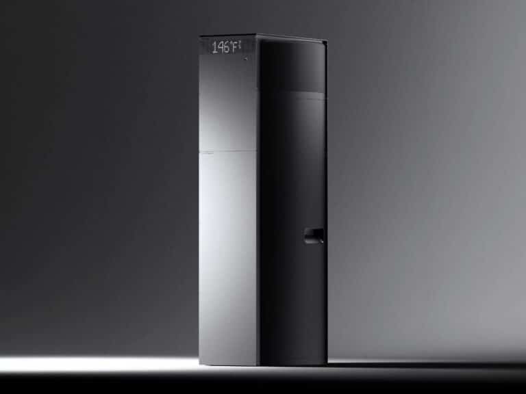 A full-length studio shot of the H1 Superheat smart water heater and computing unit in a minimalist black and silver aesthetic.