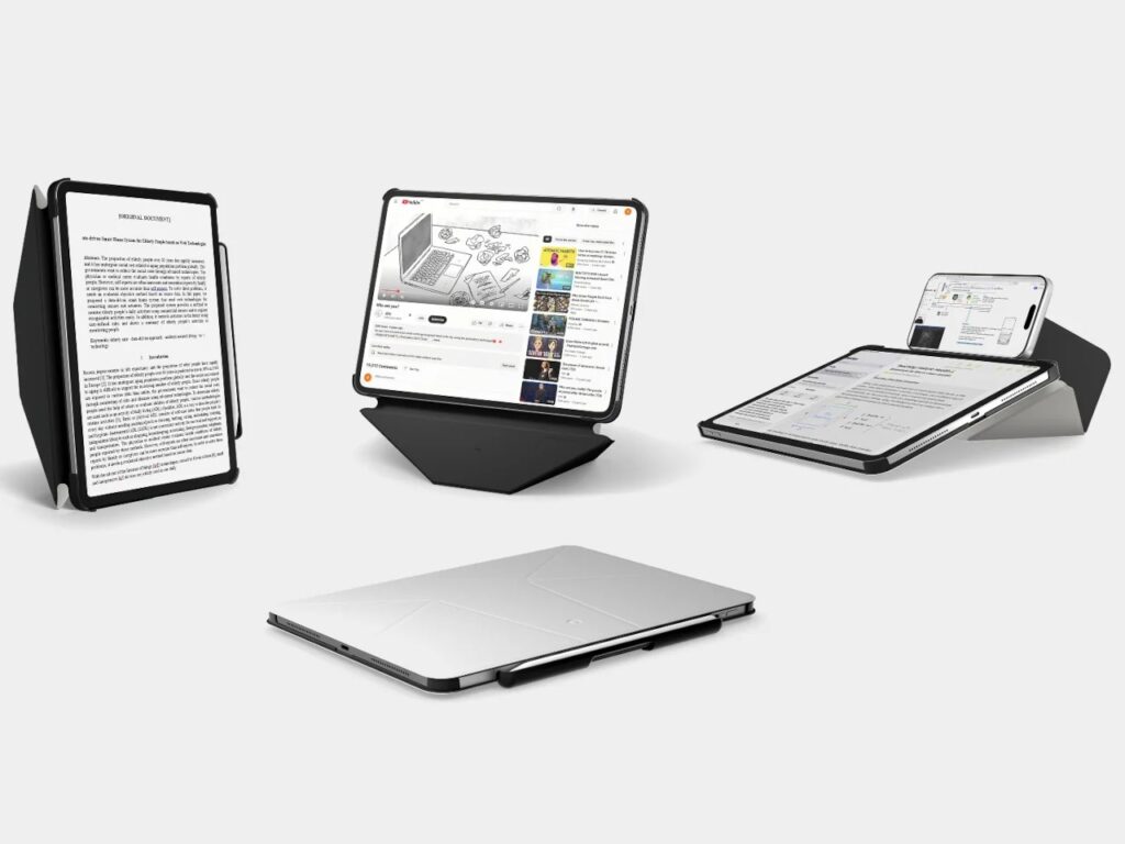 A collage showing four different viewing modes of the MOFT Dynamic Folio iPad case, including portrait reading, landscape video, dual-screen setup with a phone, and flat storage mode.