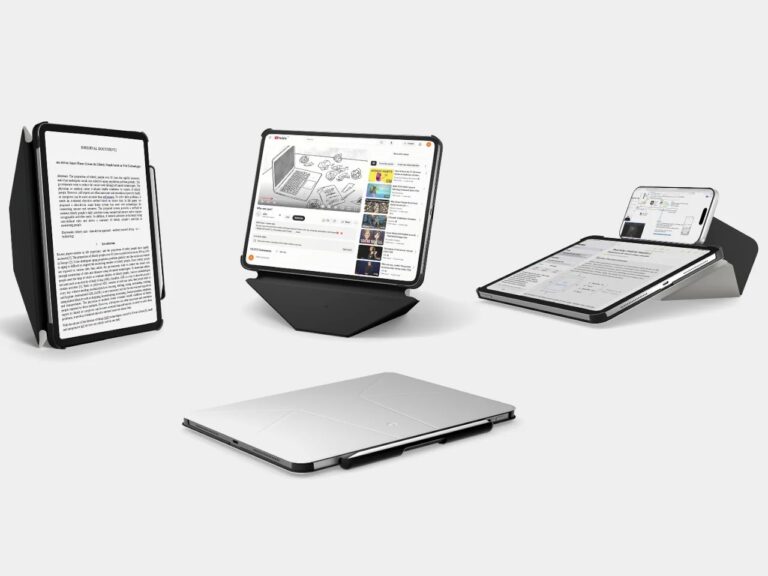 A collage showing four different viewing modes of the MOFT Dynamic Folio iPad case, including portrait reading, landscape video, dual-screen setup with a phone, and flat storage mode.