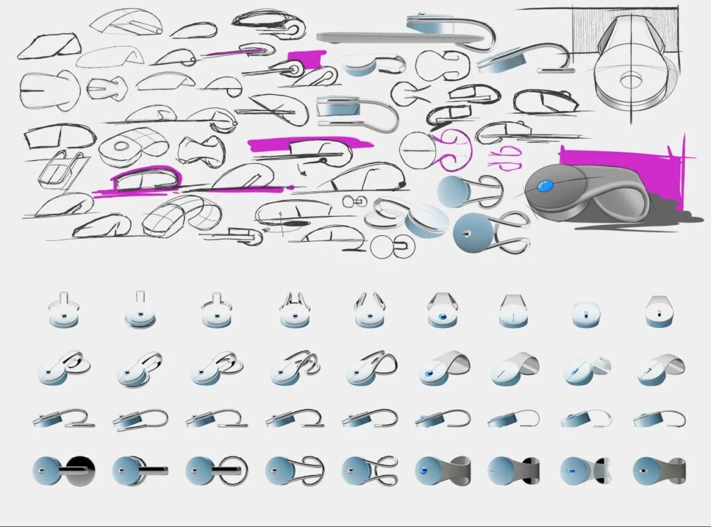 Technical sketches and 3D renders showing the design evolution and various iterations of the Bondclip mouse.