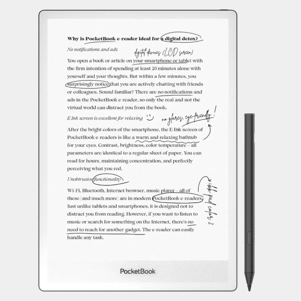 Close-up of the InkPad One screen displaying text about digital detox with handwritten digital notes and circled phrases.