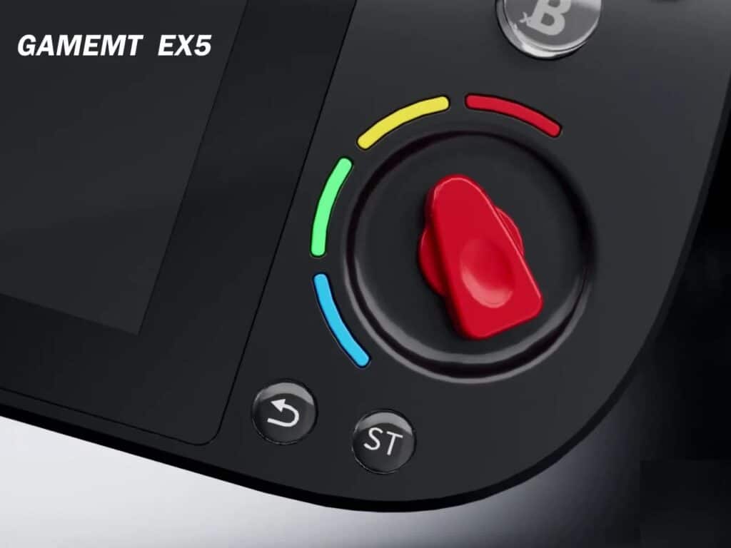 Close-up of the red rotary knob and action buttons on the GameMT EX5 handheld console.
