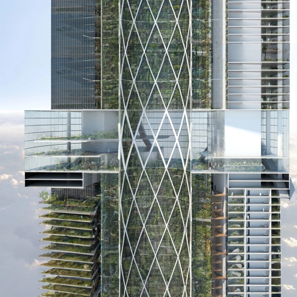 Technical detail of the Eden Rise skyscraper's vertical farming levels and water harvesting systems within the structural frame.