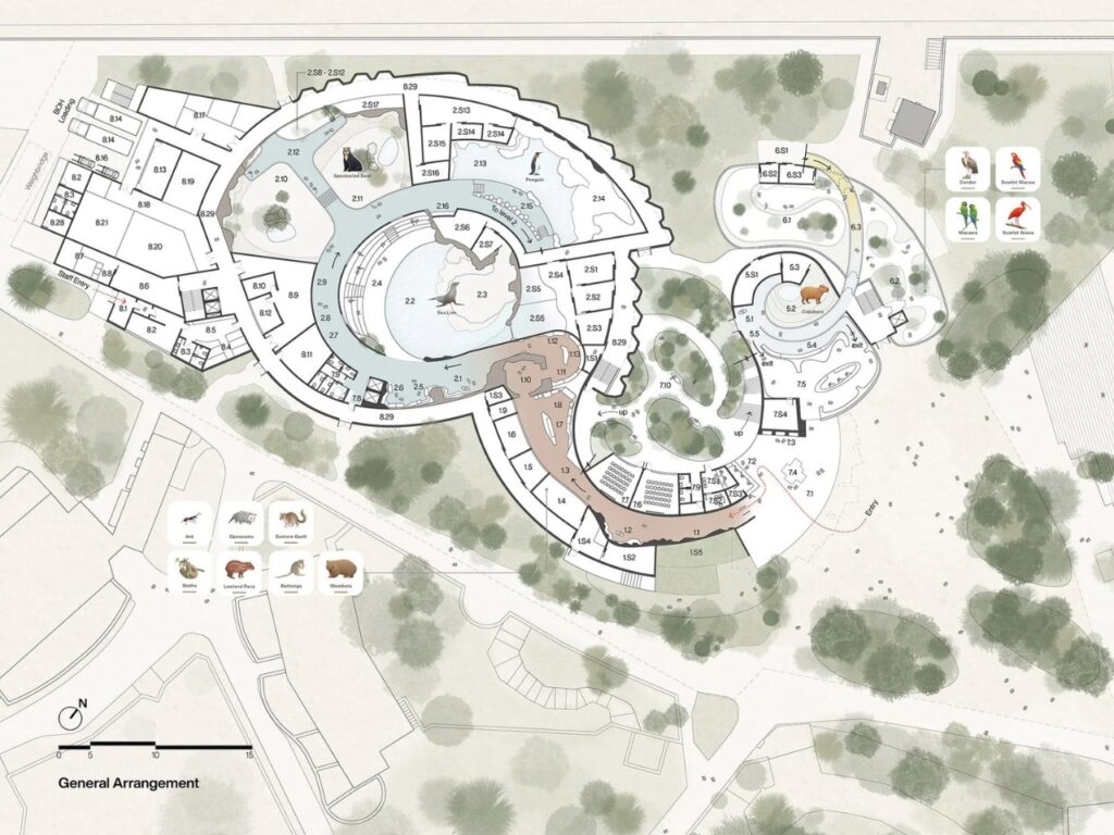 Architectural master plan and general arrangement of House of Elements showing animal habitats for sea lions, penguins, and sloths.