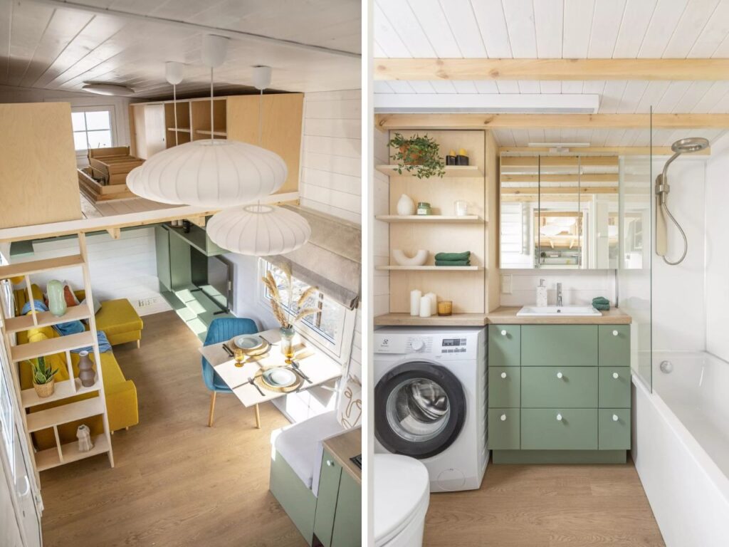 A split-view image showing a high-angle view of the living/dining area and a compact bathroom with a washing machine and bathtub.