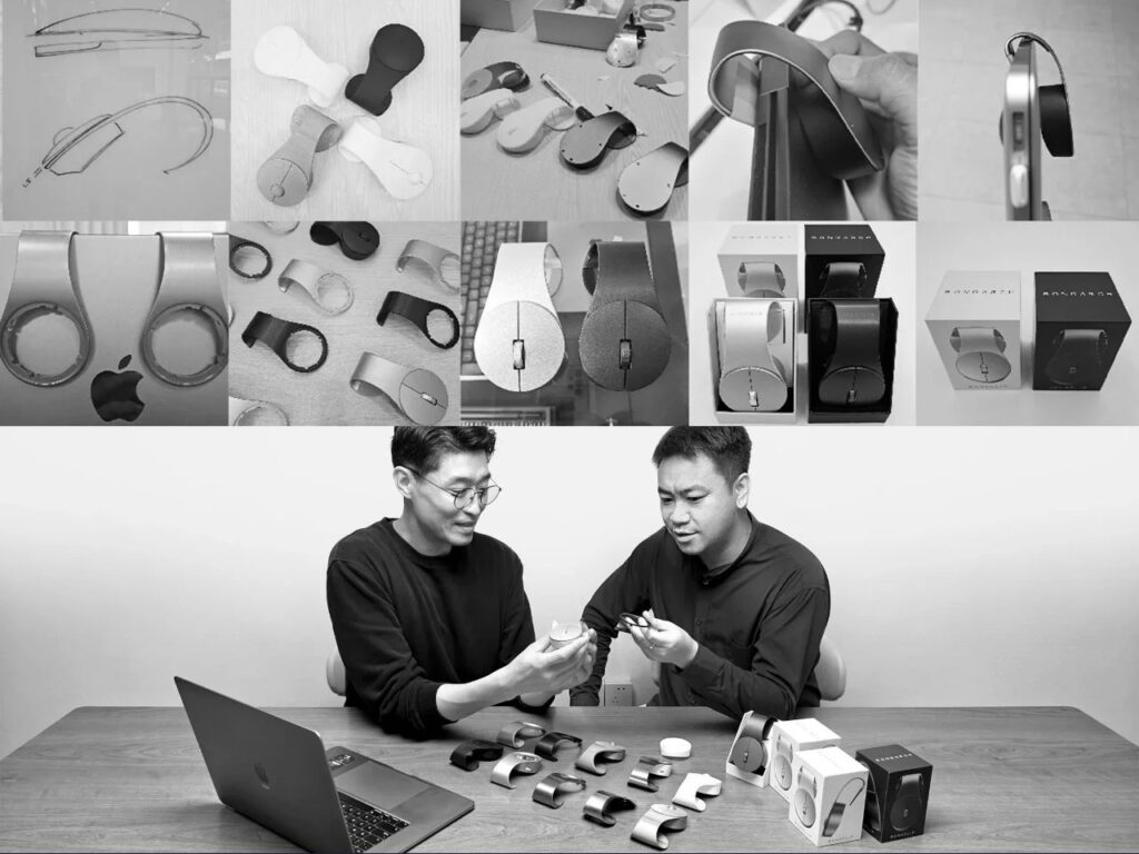 Collage showing the prototyping process, packaging, and the designers Bondarch discussing the mouse.