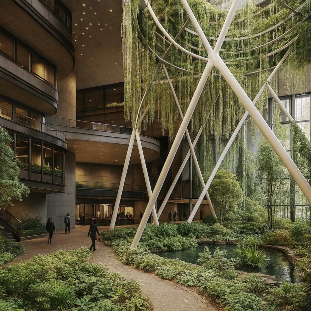 Interior view of Eden Rise's biophilic atrium featuring lush hanging plants, a central pond, and natural light-filled walkways.