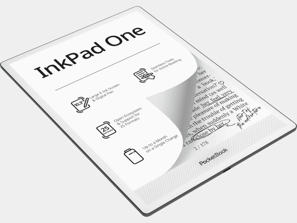 Perspective view of the PocketBook InkPad One highlighting its slim design and a simulated page-turn effect on the E Ink display.
