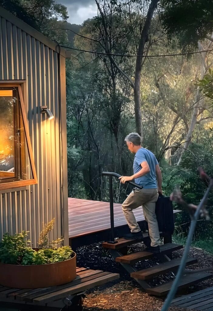 A person carrying a bag up the wooden stairs of the Zinc Studio cabin, highlighting its use for short-term stays.