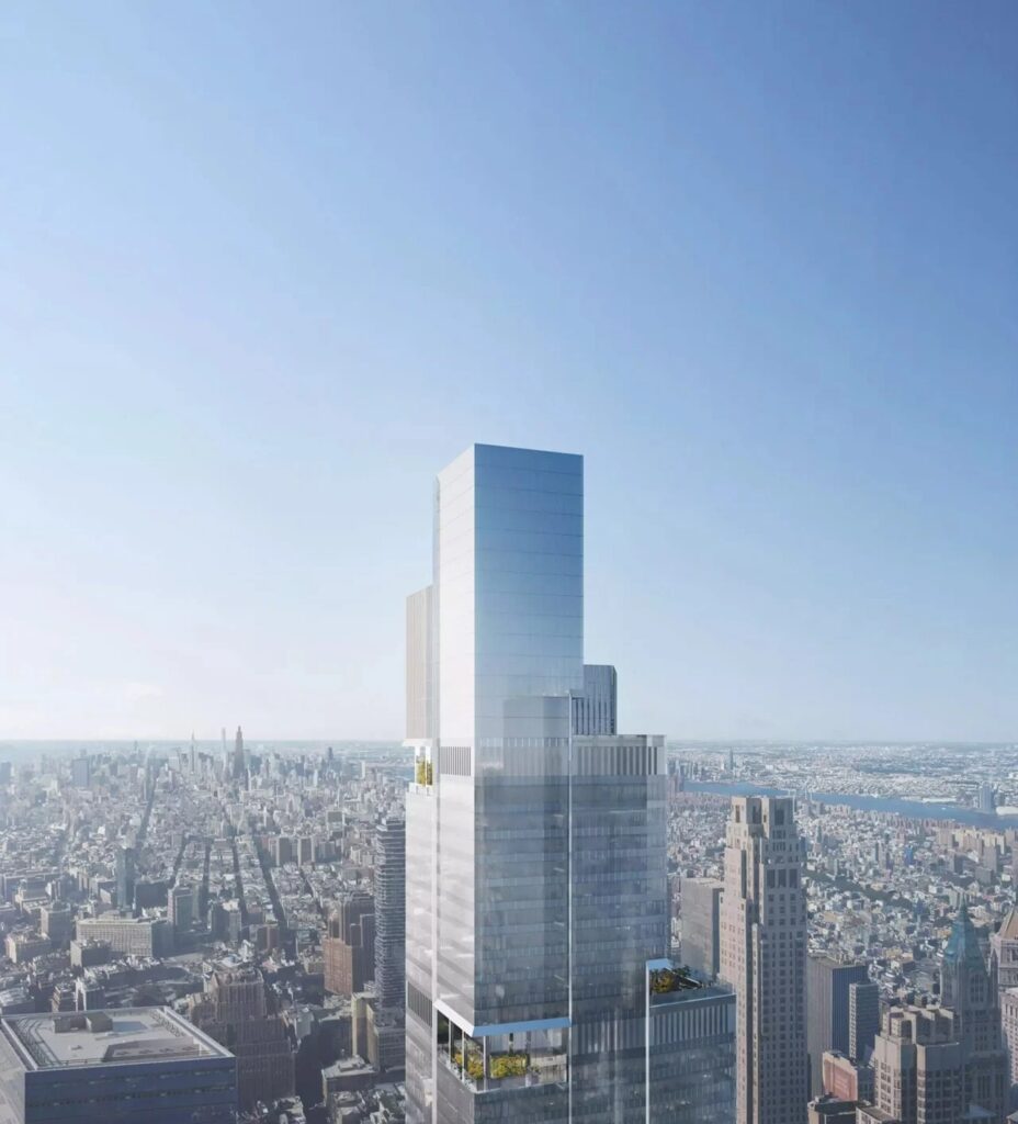 High-altitude panoramic view of the 2 World Trade Center skyscraper showing its rectangular stepped design against the Manhattan skyline.