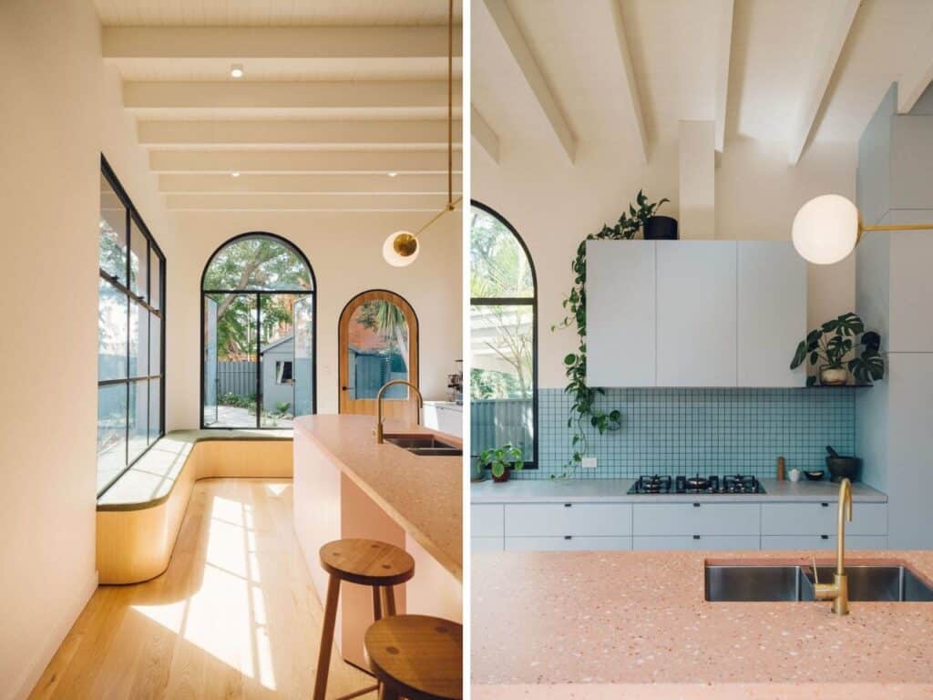 Split view showing a curved window seat on the left and a detailed kitchen counter with blue mosaic tiles on the right.