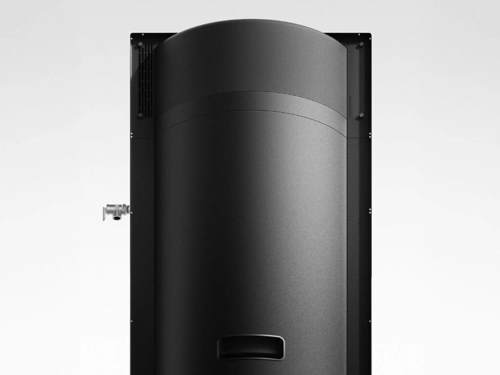 Rear perspective of the H1 Superheat appliance showing the curved thermal storage tank and integrated pressure relief valve.